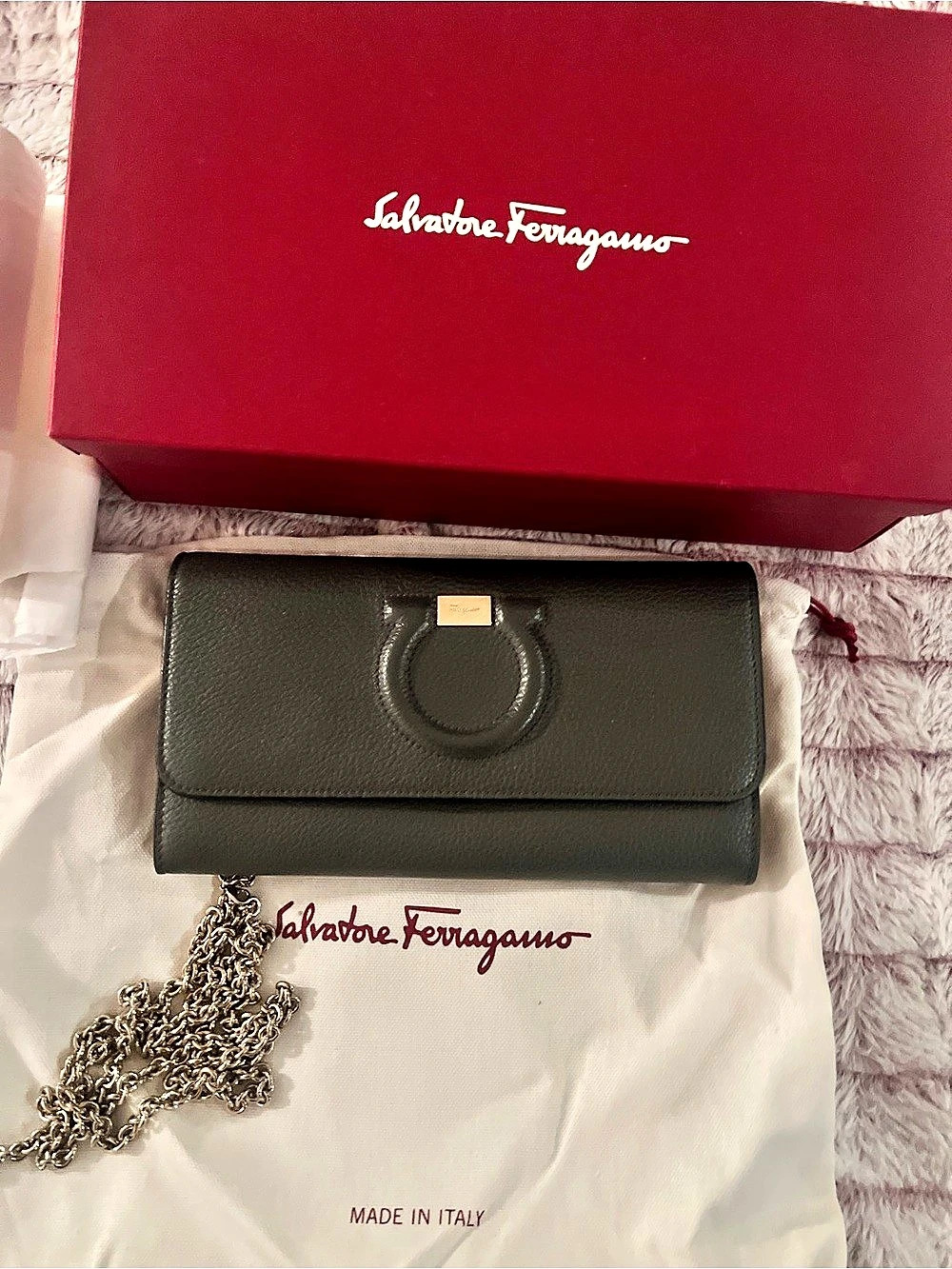 Salvatore Ferragamo Gancini Wallet on Chain Leather gray